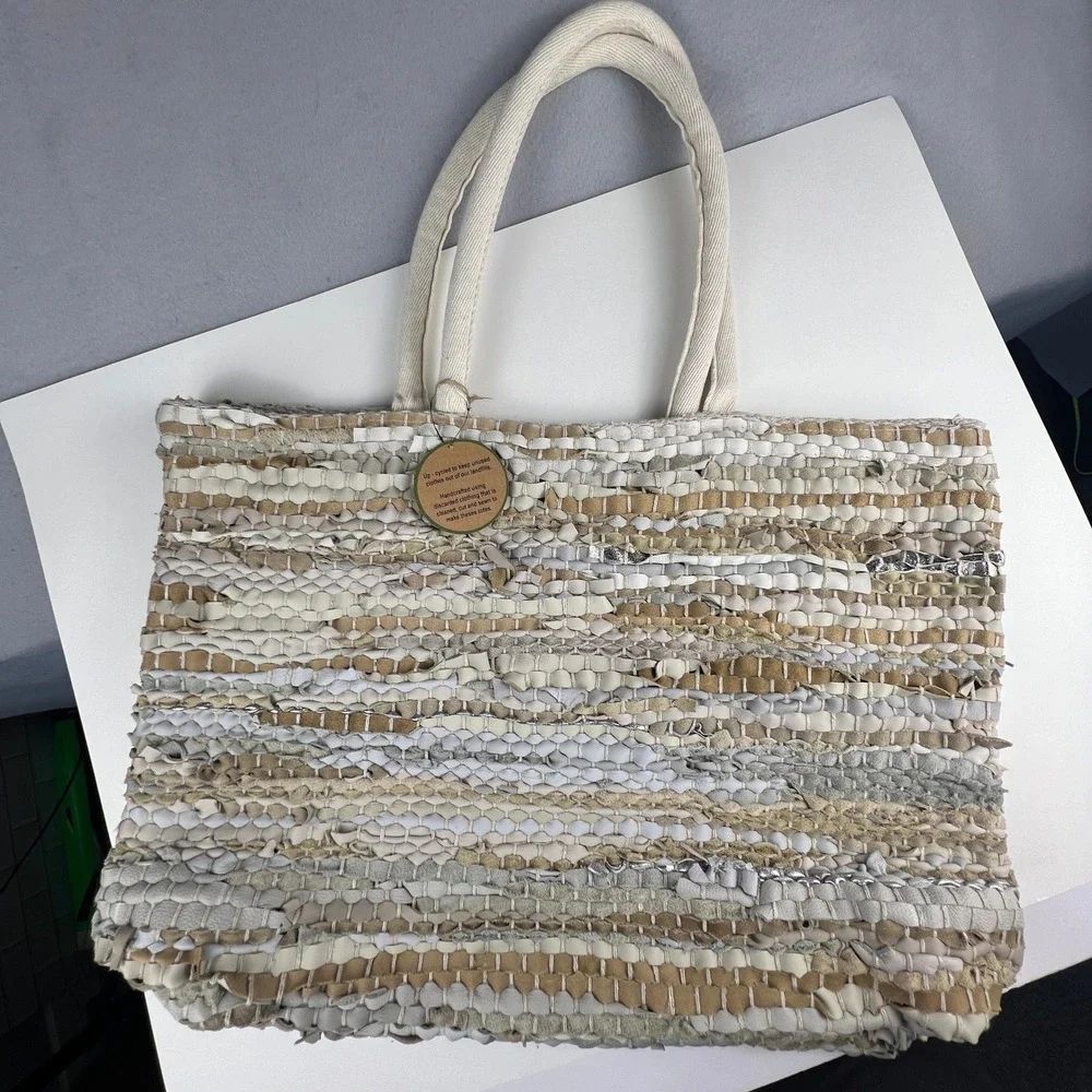 Handcrafted Upcycled Woven Tote Bag Large Neutral Boho Eco-Friendly Beach Travel